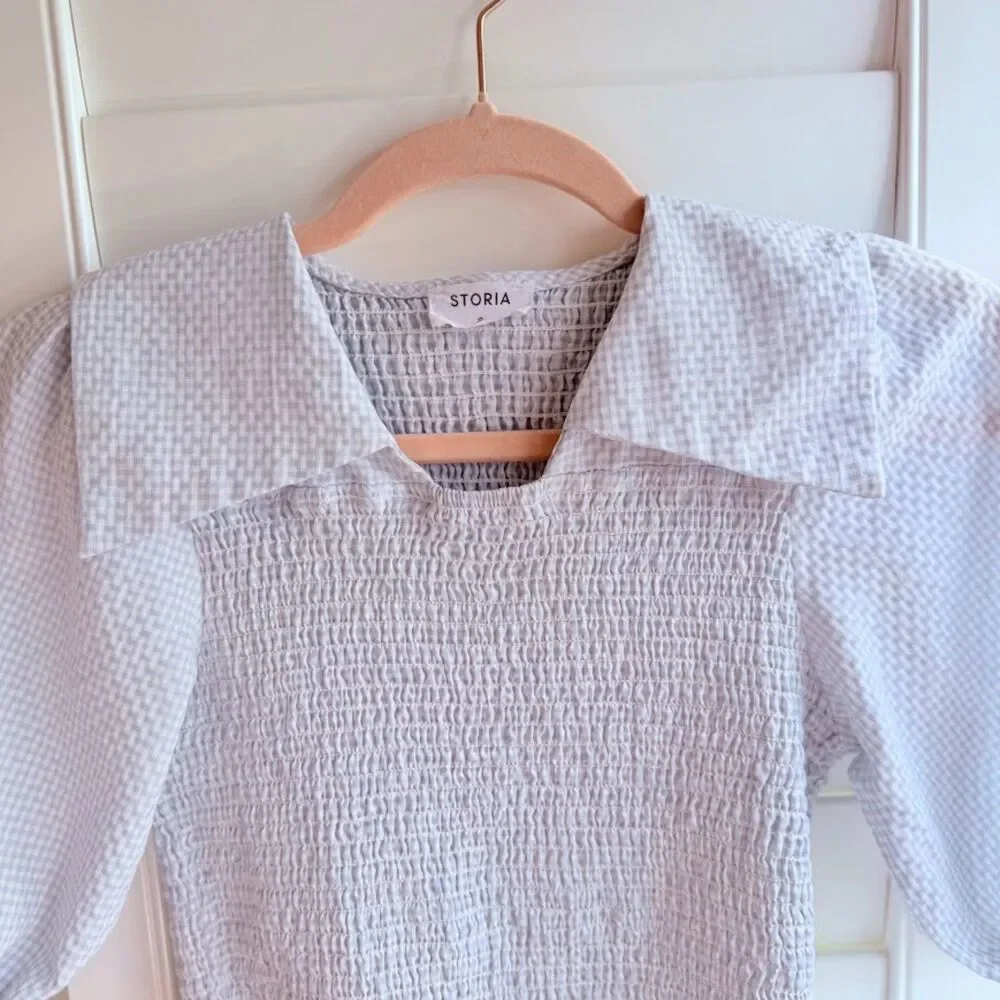 Storia Smocked Blue Gingham Peplum Top with Puff Sleeves & Square Collar size S - Picture 4 of 11